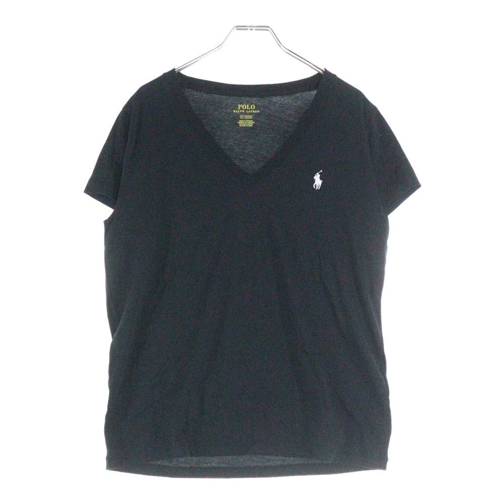 RALPH LAUREN(ラルフローレン) ワンポイントロゴ刺繍 Vネック 半袖Tシャツ カットソー ブラック 〇