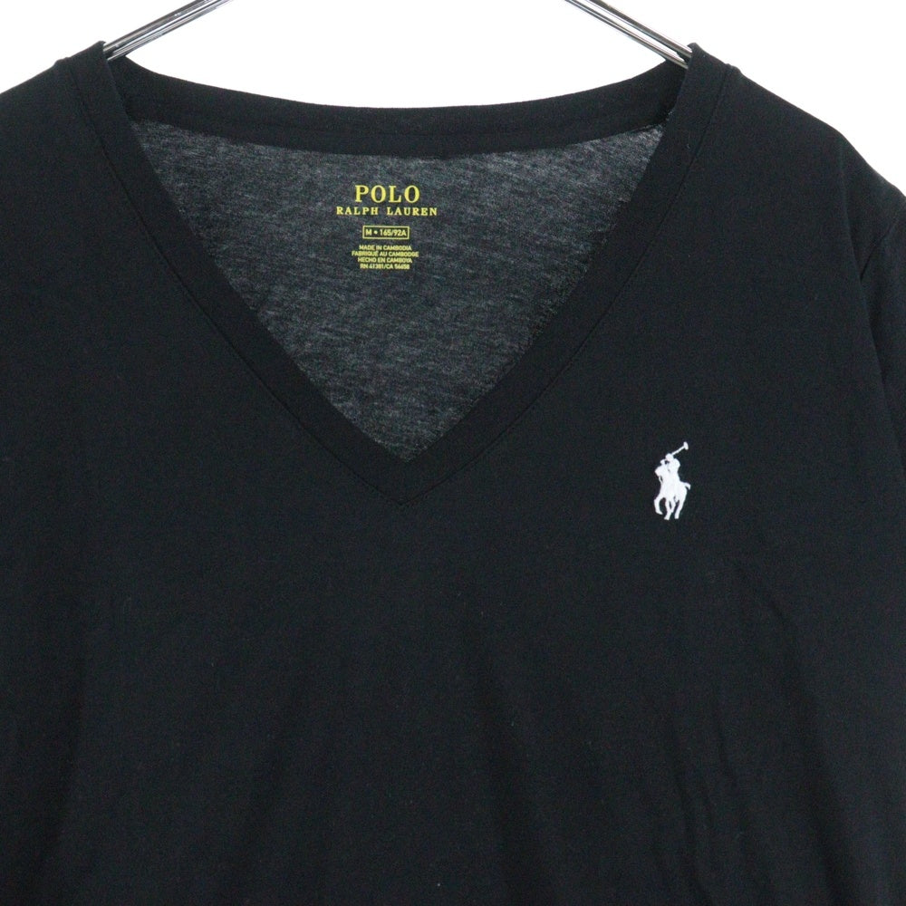 RALPH LAUREN(ラルフローレン) ワンポイントロゴ刺繍 Vネック 半袖Tシャツ カットソー ブラック 〇