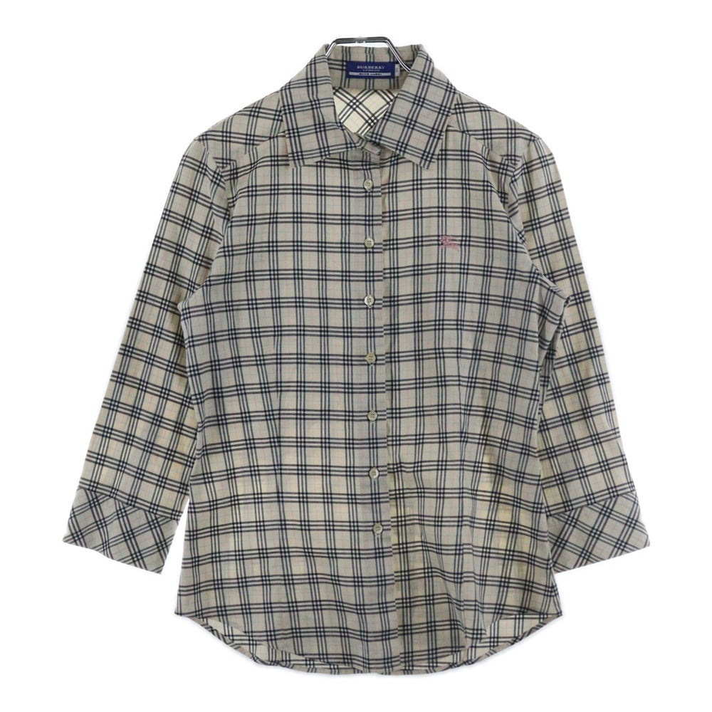 BURBERRY BLUE LABEL(バーバリーブルーレーベル) ノバチェック総柄 コットン ワンポイントロゴ刺繍 ロングスリーブ 長袖シャツ アイボリー