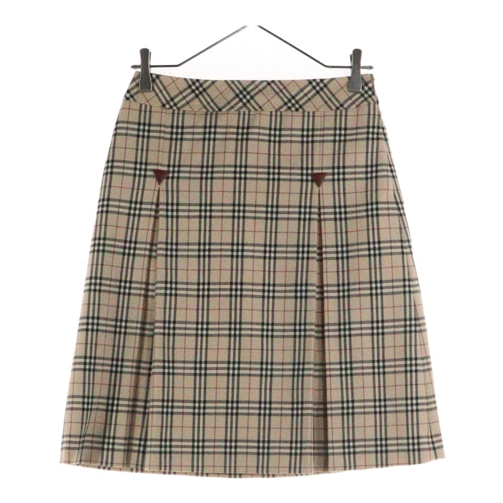 BURBERRY BLUE LABEL(バーバリーブルーレーベル) ノバチェック総柄 ウール レザーパッチ フレア ミディアム スカート ベージュ レディース