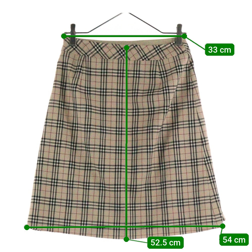 BURBERRY BLUE LABEL(バーバリーブルーレーベル) ノバチェック総柄 ウール レザーパッチ フレア ミディアム スカート ベージュ レディース