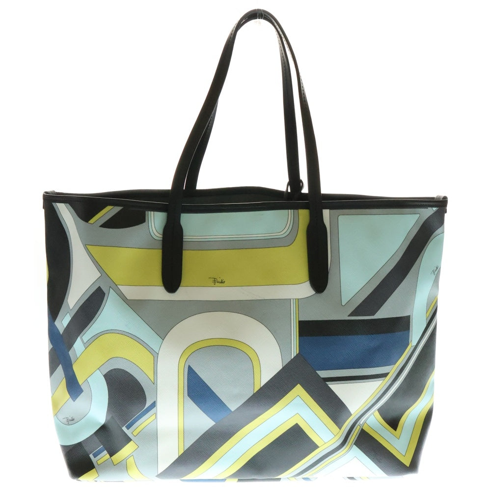 EMILIO PUCCI(エミリオプッチ) プッチ総柄 マーブル プリント PVC レザー ハンド トートバッグ ブラック/ライトブルー マルチカラー 〇