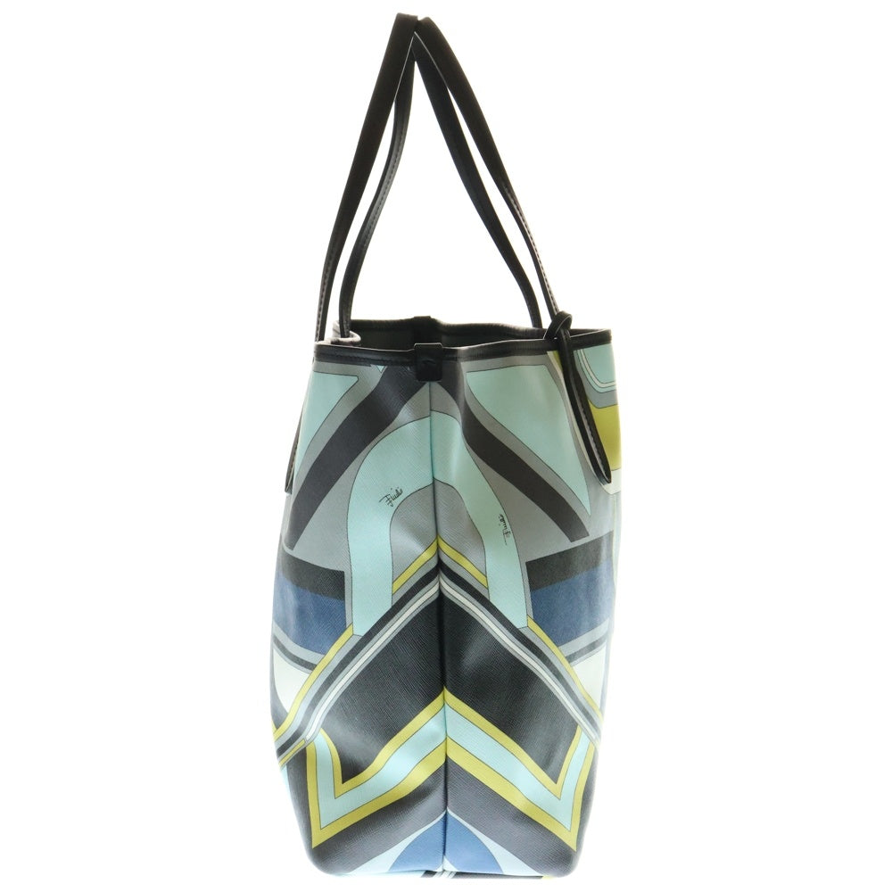 EMILIO PUCCI(エミリオプッチ) プッチ総柄 マーブル プリント PVC レザー ハンド トートバッグ ブラック/ライトブルー マルチカラー 〇