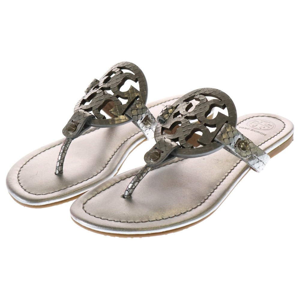 TORY BURCH(トリー バーチ) ロゴ レザー パイソン フラットサンダル シルバー レディース 〇