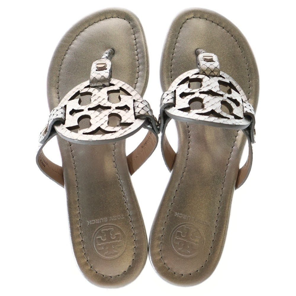 TORY BURCH(トリー バーチ) ロゴ レザー パイソン フラットサンダル シルバー レディース 〇