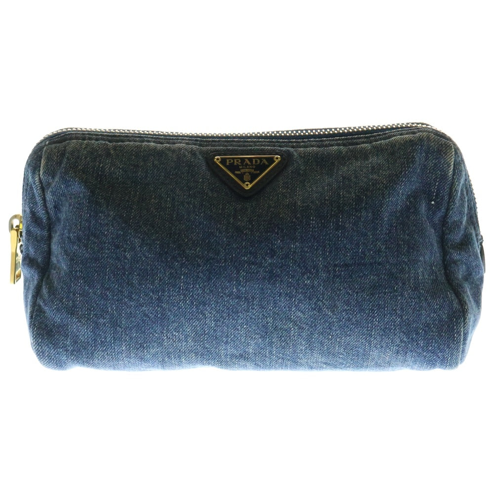 PRADA(プラダ) トライアングルロゴプレート デニムポーチ ゴールド金具 インディゴ