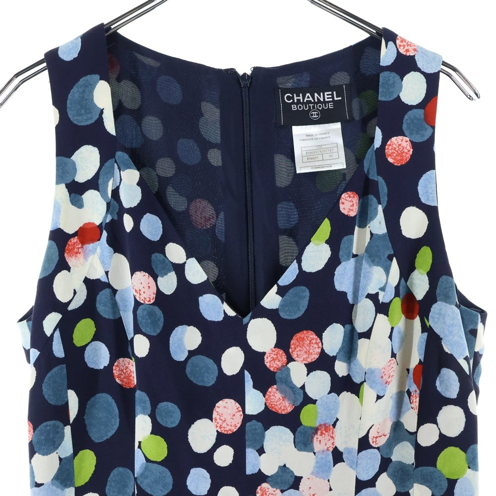 CHANEL(シャネル) 97SS ココマーク ドット総柄プリント シルク ノースリーブ Vネック ミディアムワンピース ネイビー レディース P08992V05747