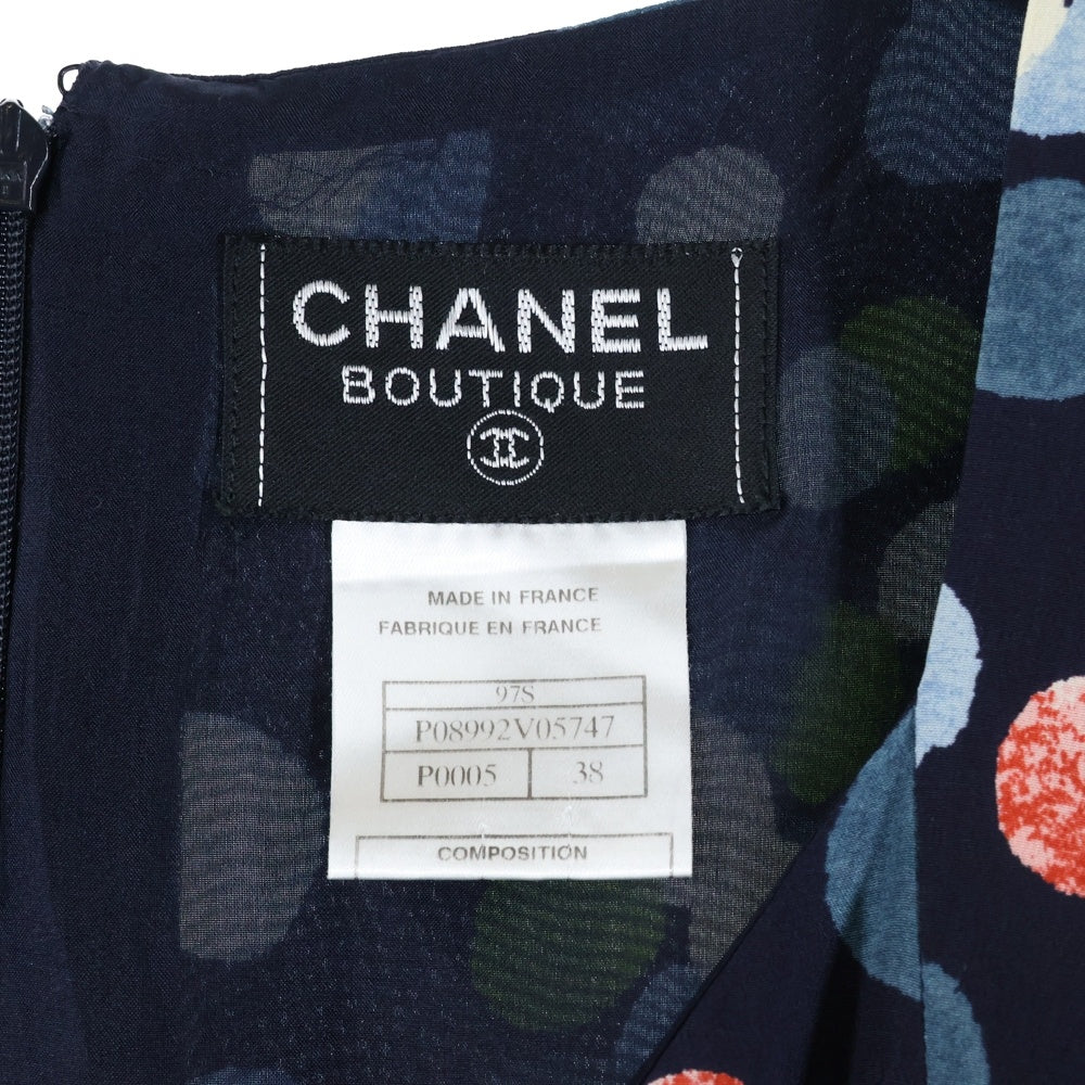 CHANEL(シャネル) 97SS ココマーク ドット総柄プリント シルク ノースリーブ Vネック ミディアムワンピース ネイビー レディース P08992V05747