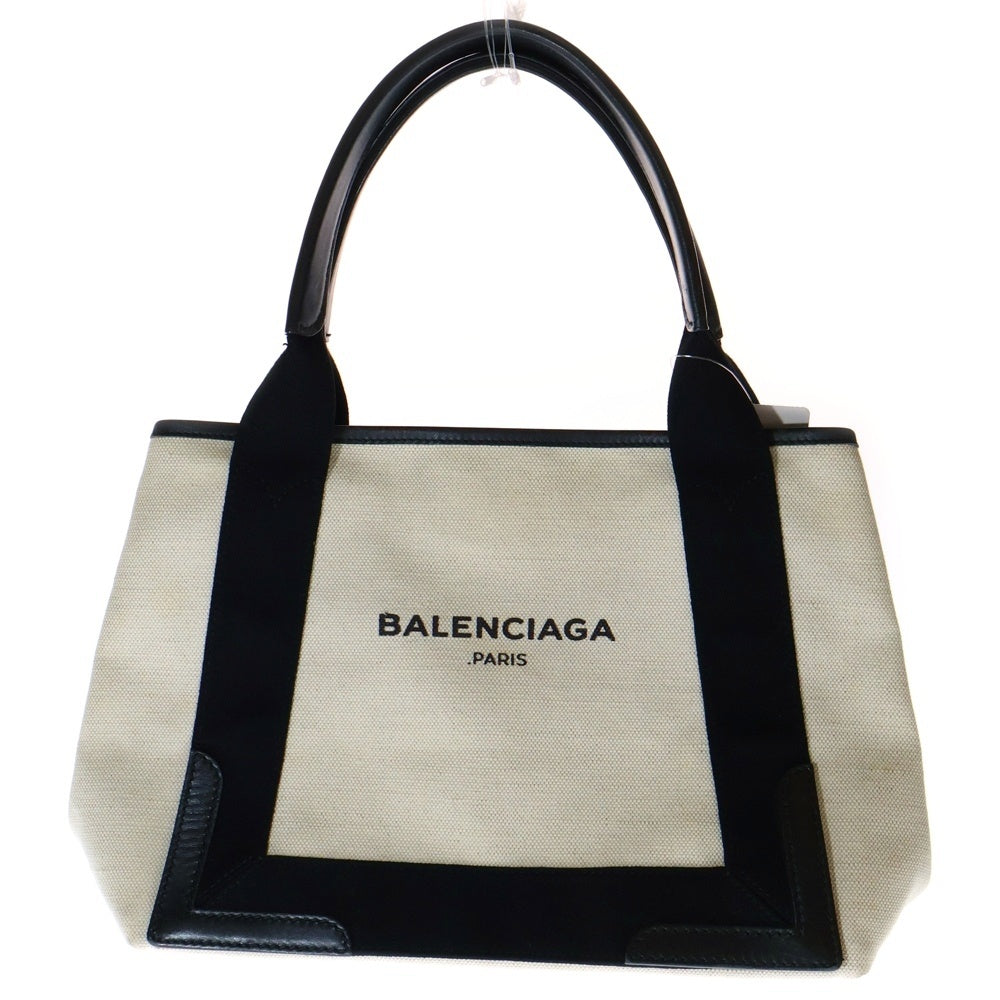BALENCIAGA(バレンシアガ) ネイビーカバス ハンドバッグ ミニトートバッグ アイボリー×ブラック キャンバス×レザー 339933