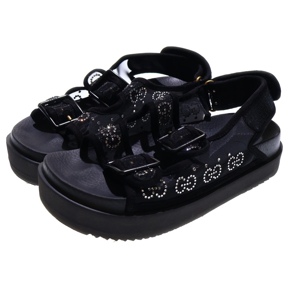 GUCCI(グッチ) GG ラインストーン ロゴ メッシュ ナイロン ベルクロ ベルトデザイン フラットサンダル シューズ ブラック レディース