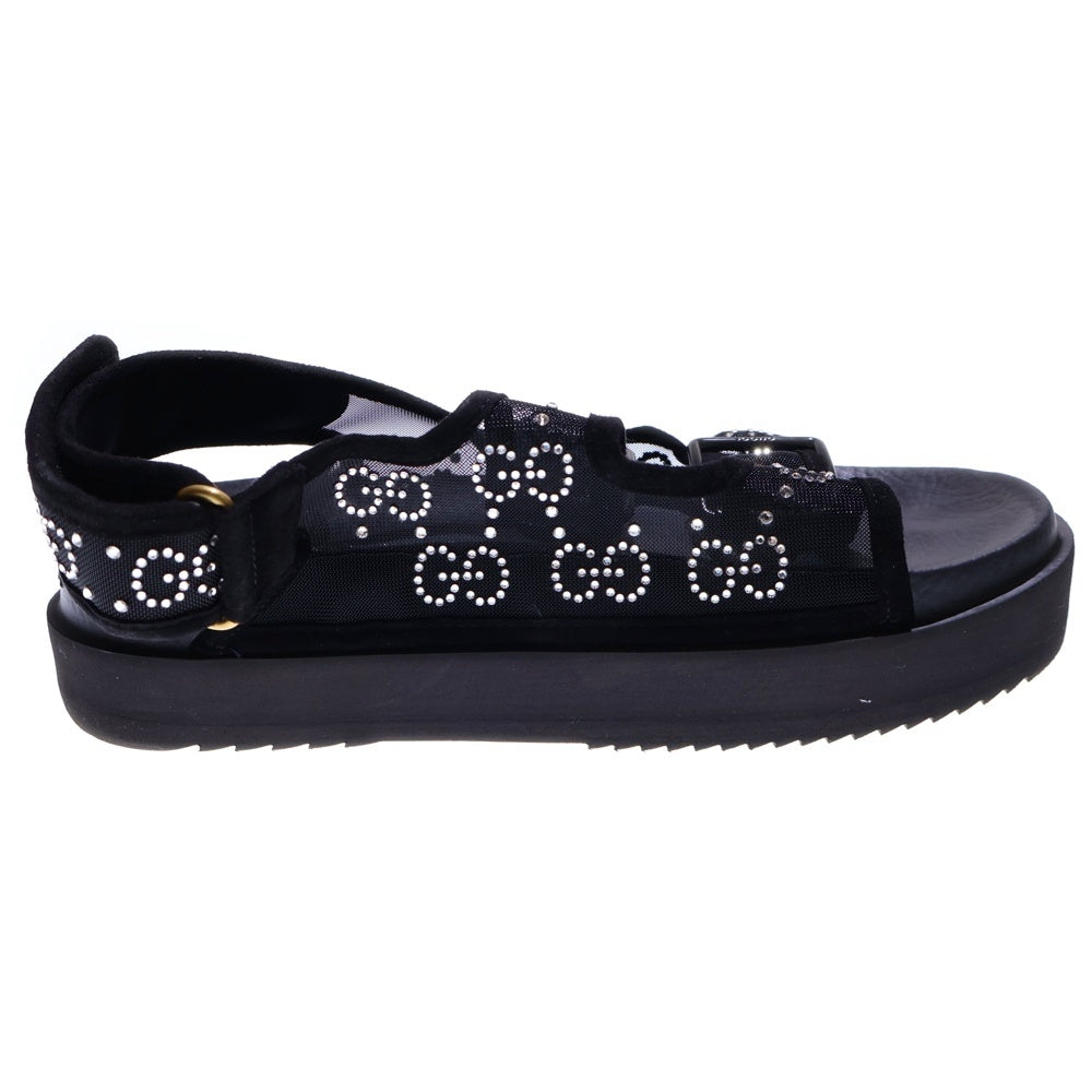 GUCCI(グッチ) GG ラインストーン ロゴ メッシュ ナイロン ベルクロ ベルトデザイン フラットサンダル シューズ ブラック レディース