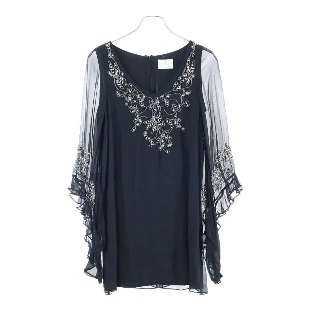 Grace Class(グレース クラス) シルク ビーズ刺繍 ラインストーン Vネック シアースリーブ 長袖 ワンピース ドレス ブラック レディース