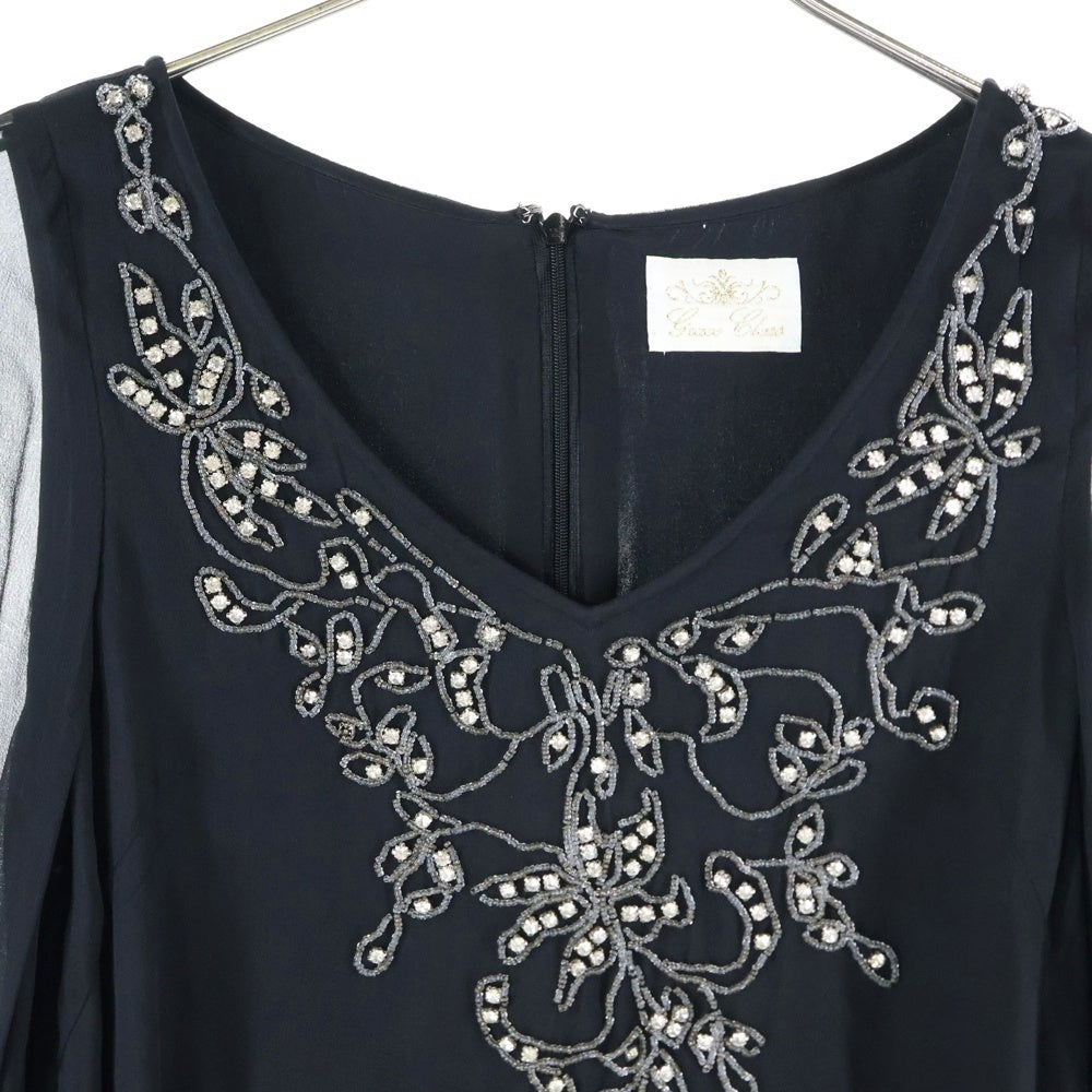 Grace Class(グレース クラス) シルク ビーズ刺繍 ラインストーン Vネック シアースリーブ 長袖 ワンピース ドレス ブラック レディース