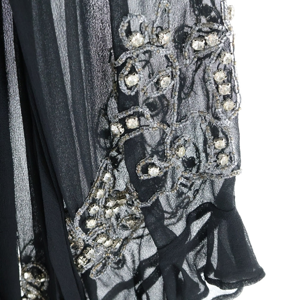 Grace Class(グレース クラス) シルク ビーズ刺繍 ラインストーン Vネック シアースリーブ 長袖 ワンピース ドレス ブラック レディース