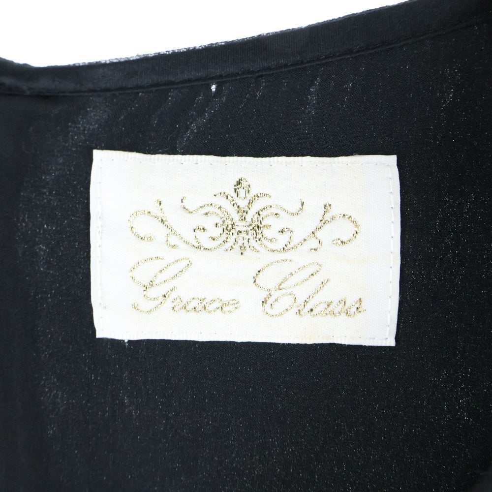 Grace Class(グレース クラス) シルク ビーズ刺繍 ラインストーン Vネック シアースリーブ 長袖 ワンピース ドレス ブラック レディース