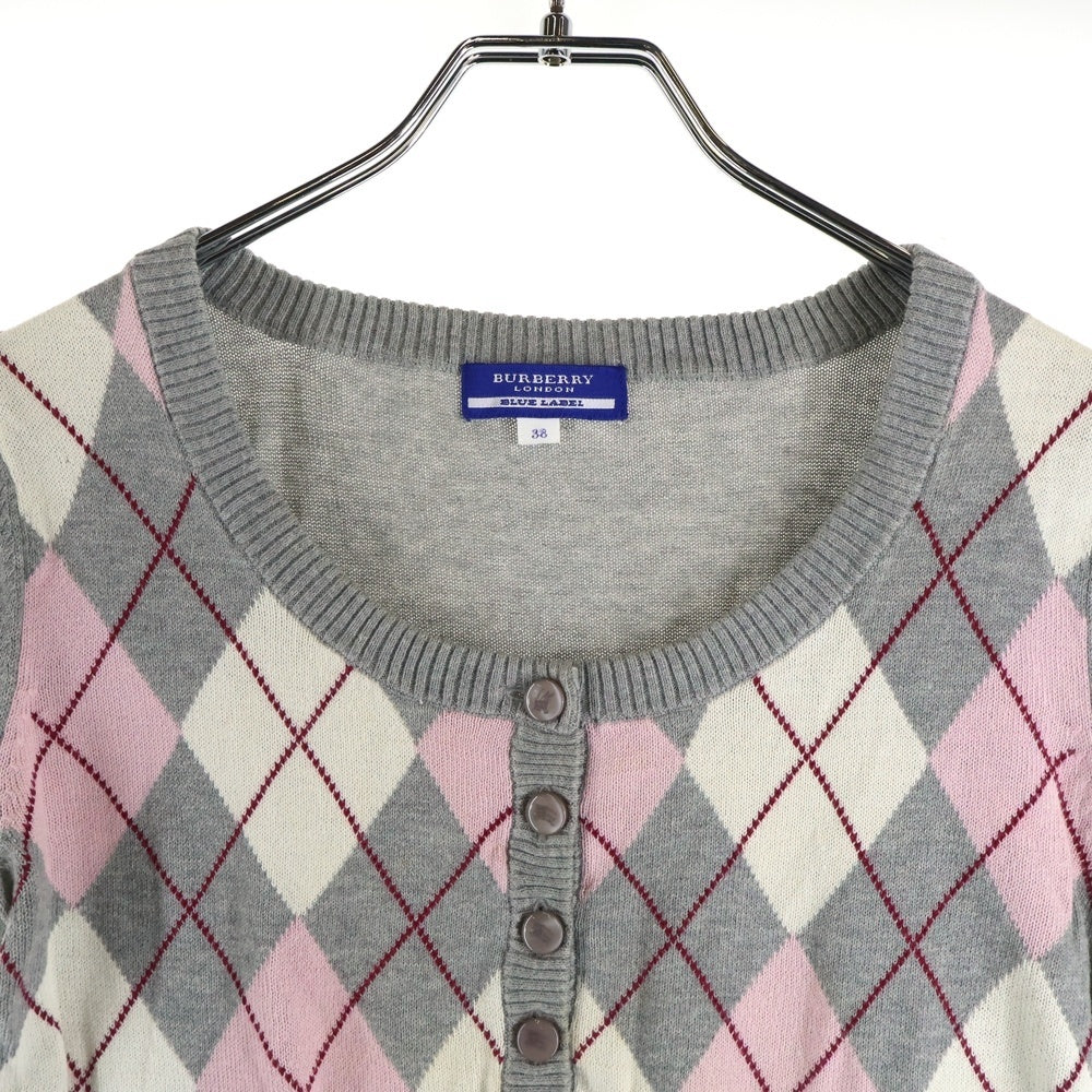 BURBERRY BLUE LABEL(バーバリーブルーレーベル) アーガイル柄 ヘンリーネック半袖ニット セーター グレー/ピンク レディース