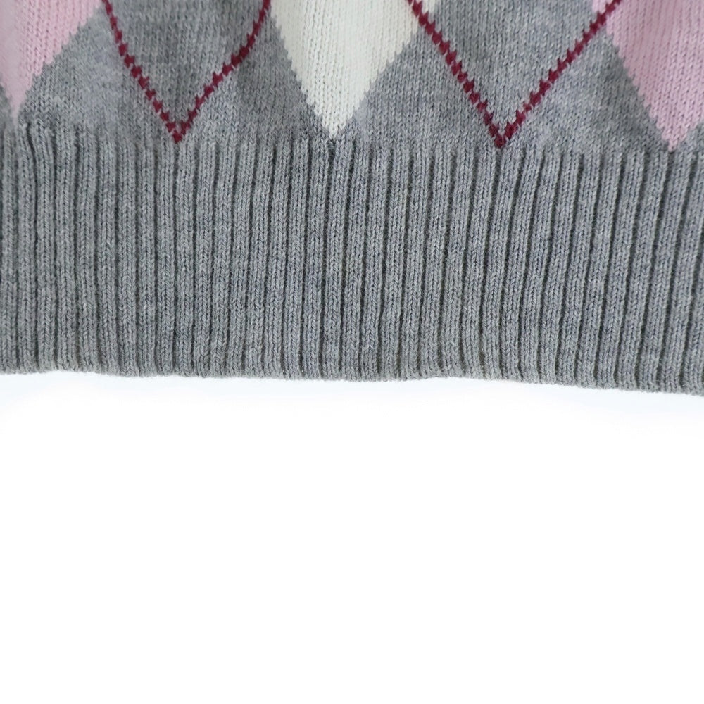 BURBERRY BLUE LABEL(バーバリーブルーレーベル) アーガイル柄 ヘンリーネック半袖ニット セーター グレー/ピンク レディース