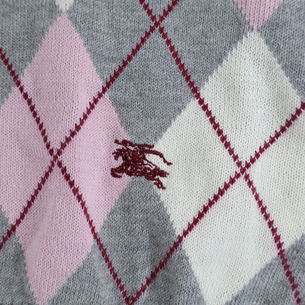 BURBERRY BLUE LABEL(バーバリーブルーレーベル) アーガイル柄 ヘンリーネック半袖ニット セーター グレー/ピンク レディース