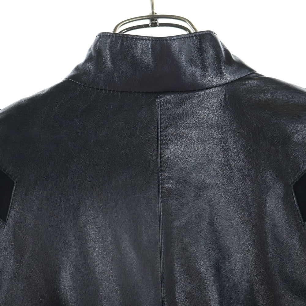 NO BRAND(ノーブランド) スエード切替ギャザースリーブ スタンドカラーレザージャケット ブラック レディース