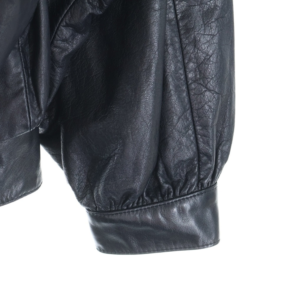 NO BRAND(ノーブランド) スエード切替ギャザースリーブ スタンドカラーレザージャケット ブラック レディース