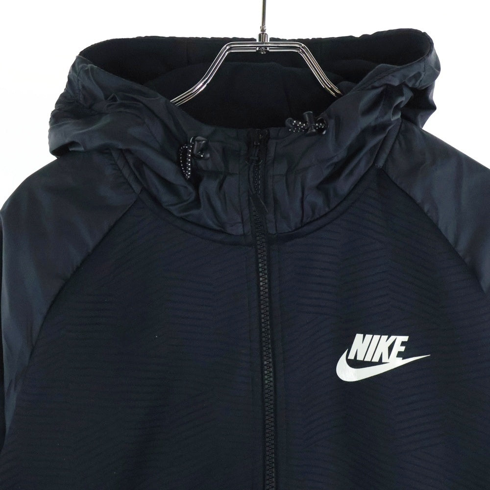 NIKE(ナイキ) ロゴプリント ナイロン切り替え ジップアップスウェットパーカー フーディー ブラック/グレー