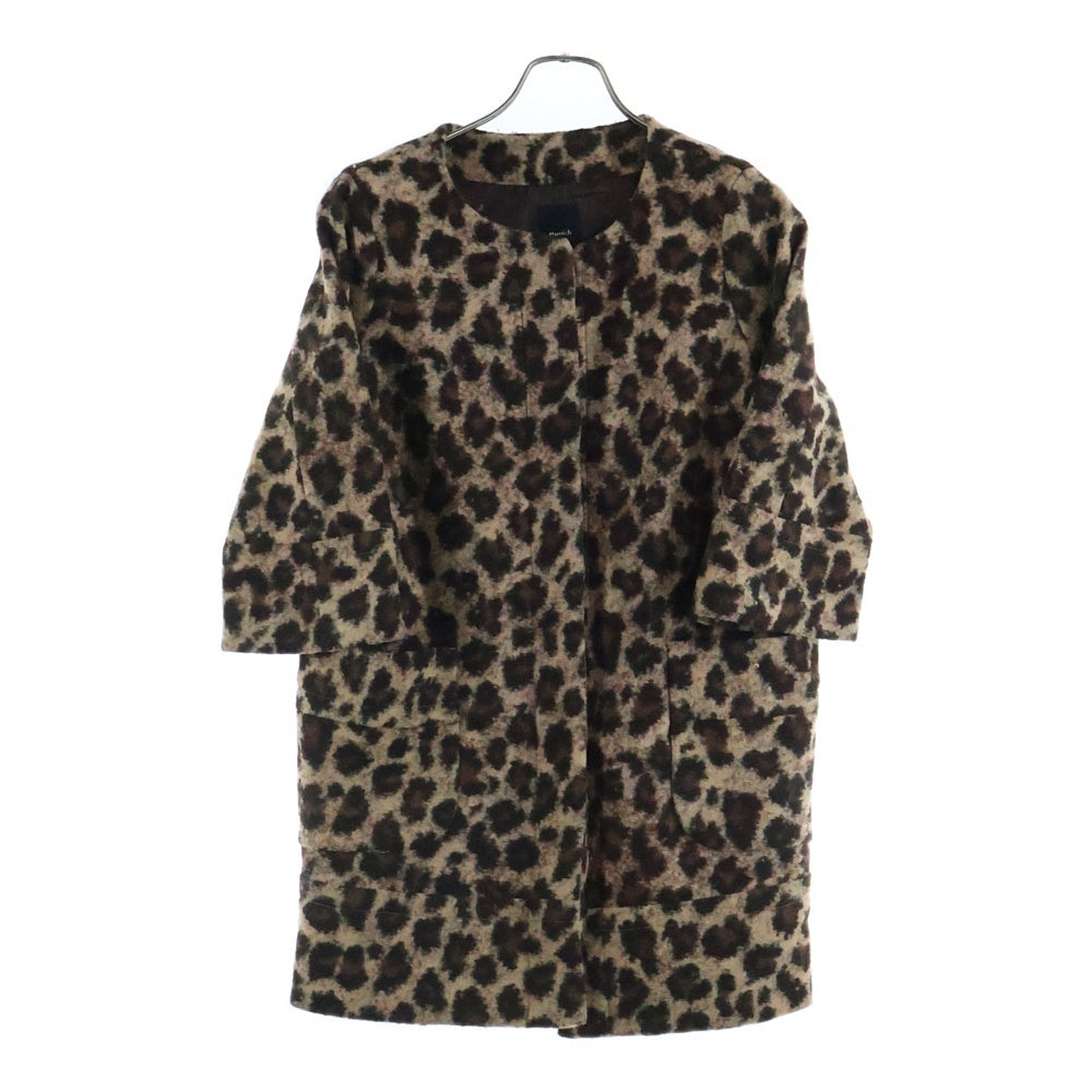 NO BRAND(ノーブランド) レオパード総柄 ウール ノーカラー ハーフスリーブ 五分袖 ジャケット ブラウン レディース