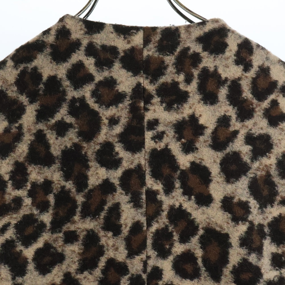 NO BRAND(ノーブランド) レオパード総柄 ウール ノーカラー ハーフスリーブ 五分袖 ジャケット ブラウン レディース