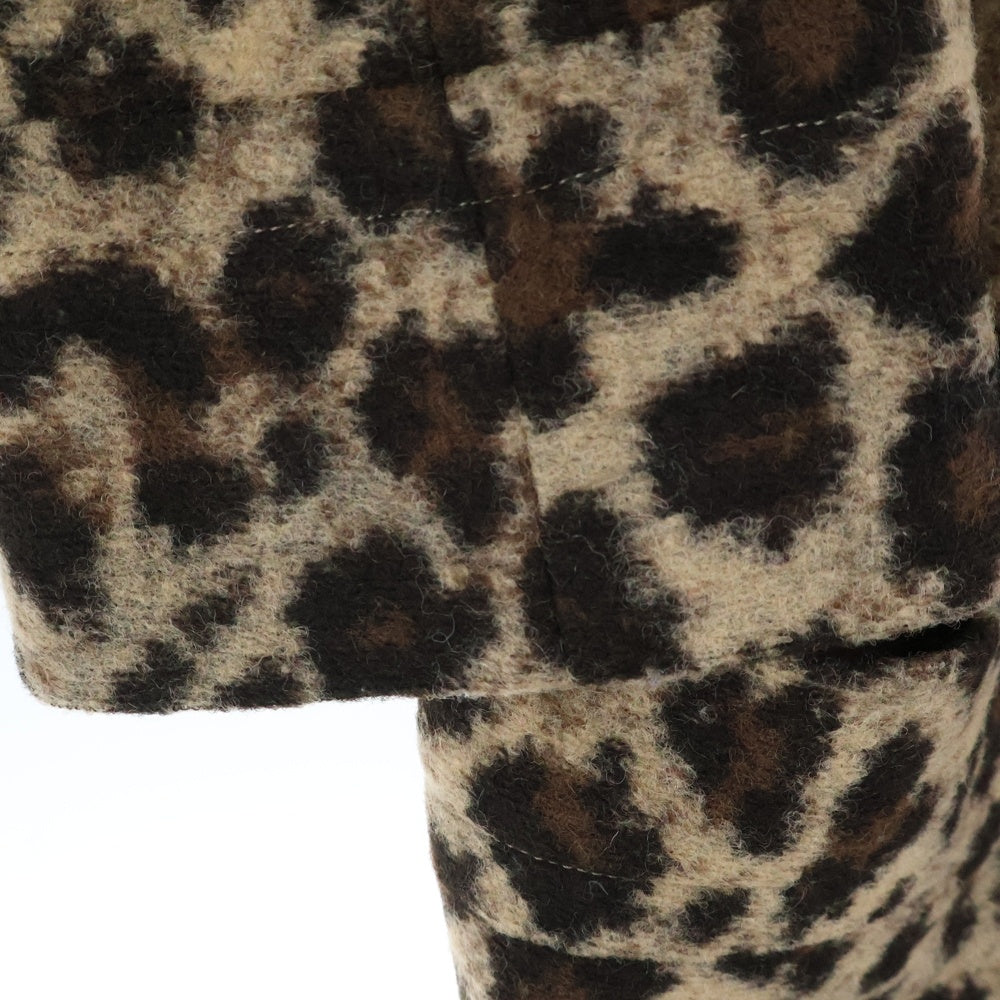 NO BRAND(ノーブランド) レオパード総柄 ウール ノーカラー ハーフスリーブ 五分袖 ジャケット ブラウン レディース