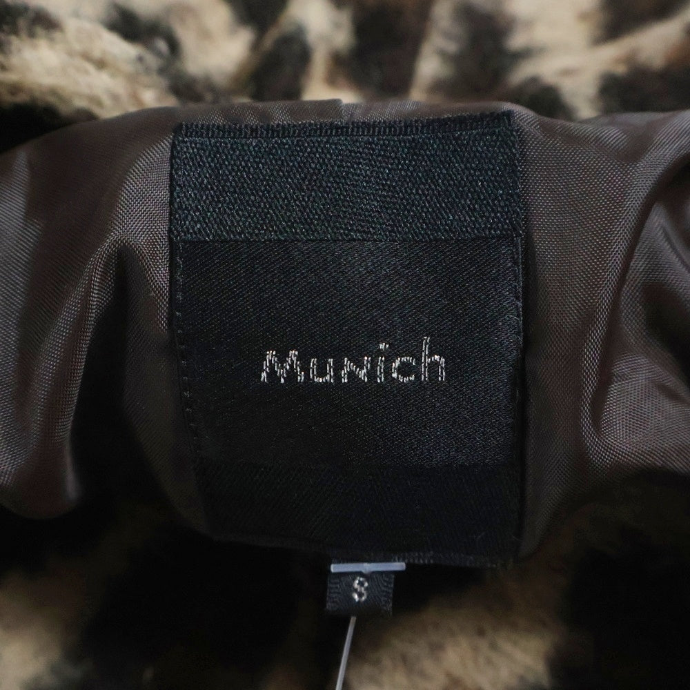 NO BRAND(ノーブランド) レオパード総柄 ウール ノーカラー ハーフスリーブ 五分袖 ジャケット ブラウン レディース