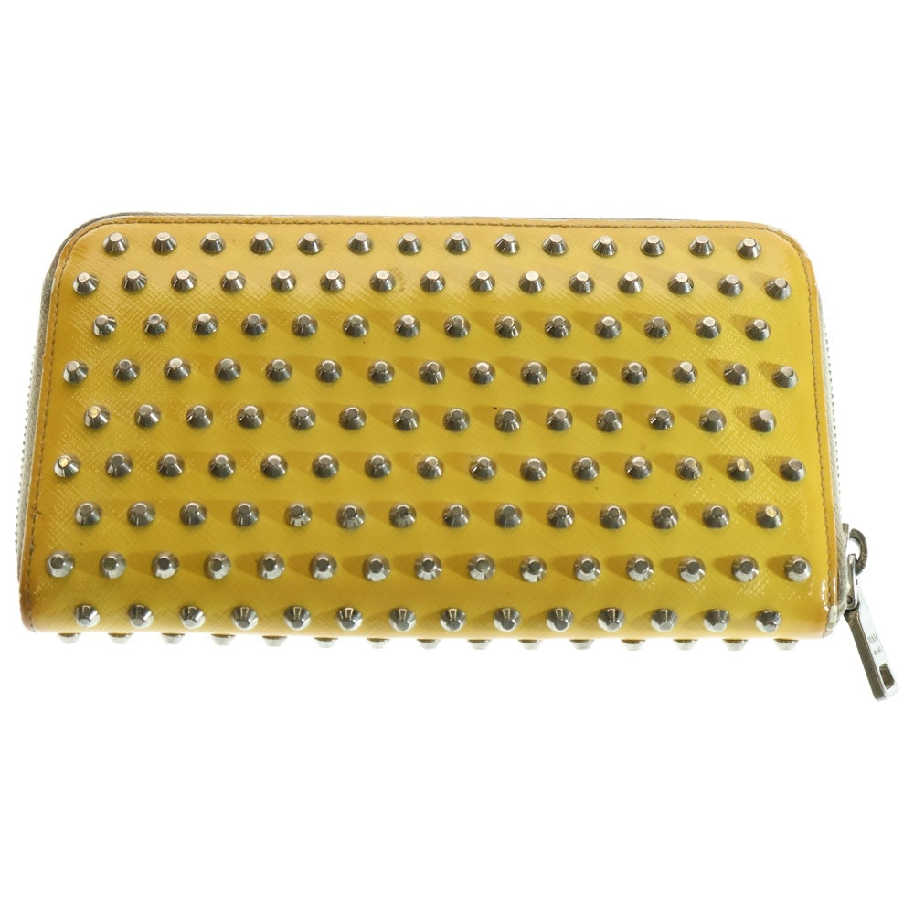PRADA(プラダ) パテントレザー スタッズ ラウンドファスナー ロングウォレット 長財布 シルバー金具 イエロー 1M0206