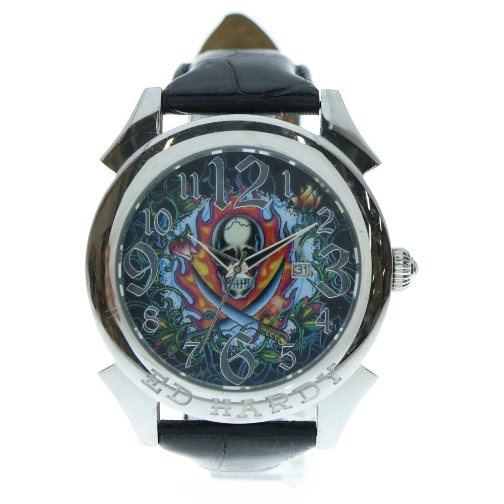 Ed Hardy(エドハーディー) スカルデザイン ロゴ刻印 クロコ型押しレザー ベルト クォーツウォッチ 腕時計 ブラック/シルバー