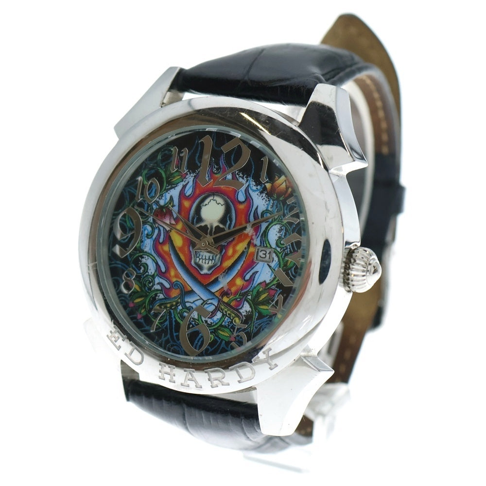 Ed Hardy(エドハーディー) スカルデザイン ロゴ刻印 クロコ型押しレザー ベルト クォーツウォッチ 腕時計 ブラック/シルバー