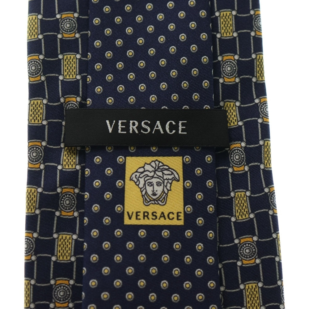 VERSACE(ヴェルサーチ) メデューサロゴ 総柄プリント シルク ネクタイ ネイビー/イエロー