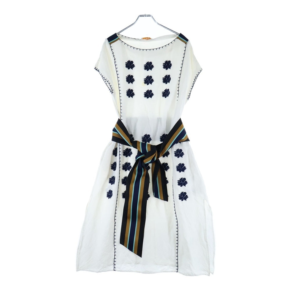 TORY BURCH(トリー バーチ) ベルト付 フラワー刺繍リネンノースリーブワンピース ホワイト レディース