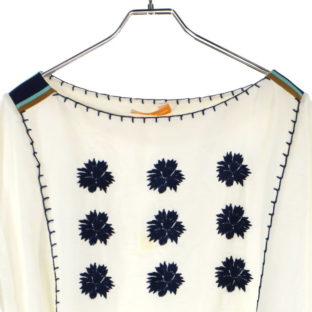 TORY BURCH(トリー バーチ) ベルト付 フラワー刺繍リネンノースリーブワンピース ホワイト レディース