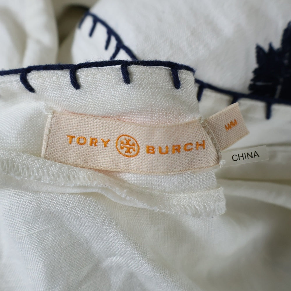 TORY BURCH(トリー バーチ) ベルト付 フラワー刺繍リネンノースリーブワンピース ホワイト レディース