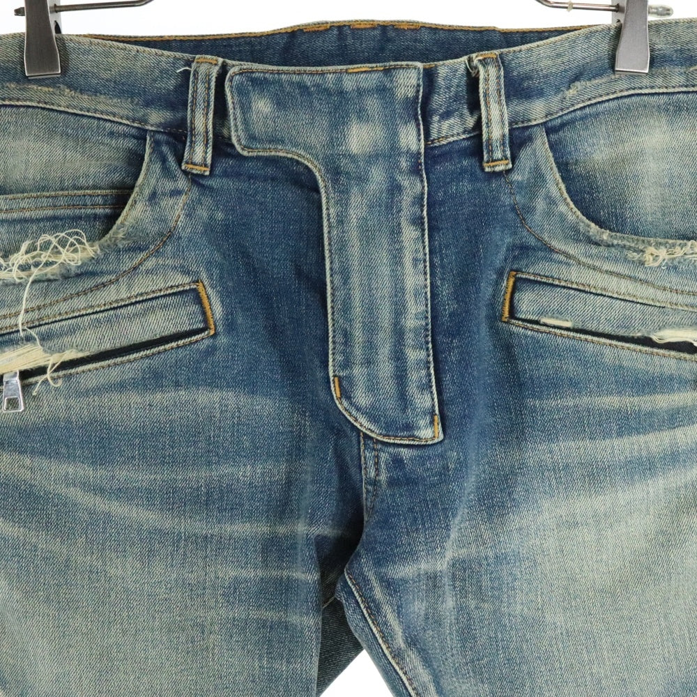 BALMAIN(バルマン) ダメージ ウォッシュ加工 蛇腹 バイカー スリム テーパードデニムパンツ ジーンズ インディゴ POHT551C710V