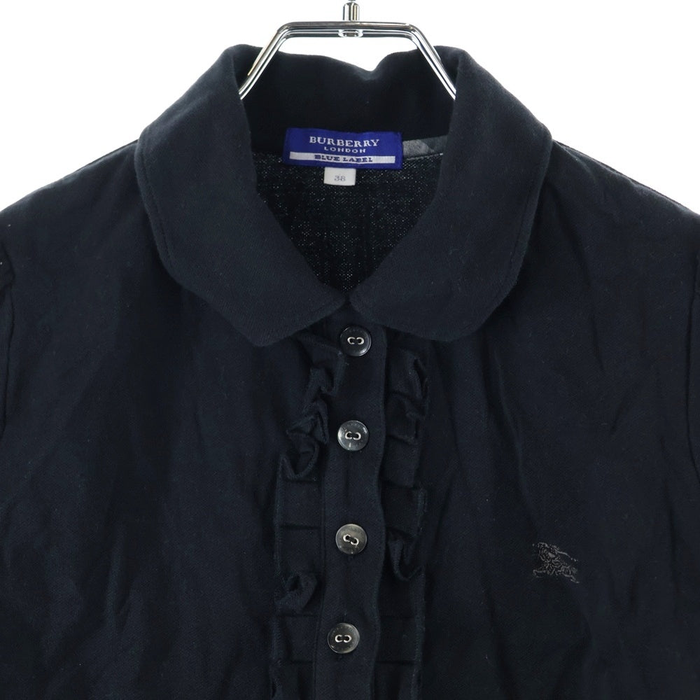 BURBERRY BLUE LABEL(バーバリーブルーレーベル) ロゴ刺繍 バーバリーチェック フリンジ付半袖ポロシャツ ブラック
