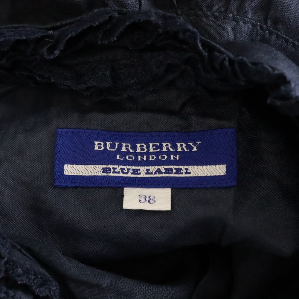 BURBERRY BLUE LABEL(バーバリーブルーレーベル) ロゴ刺繍 バーバリーチェック フリンジ付スタンドカラーノースリーブワンピース ネイビー レディース