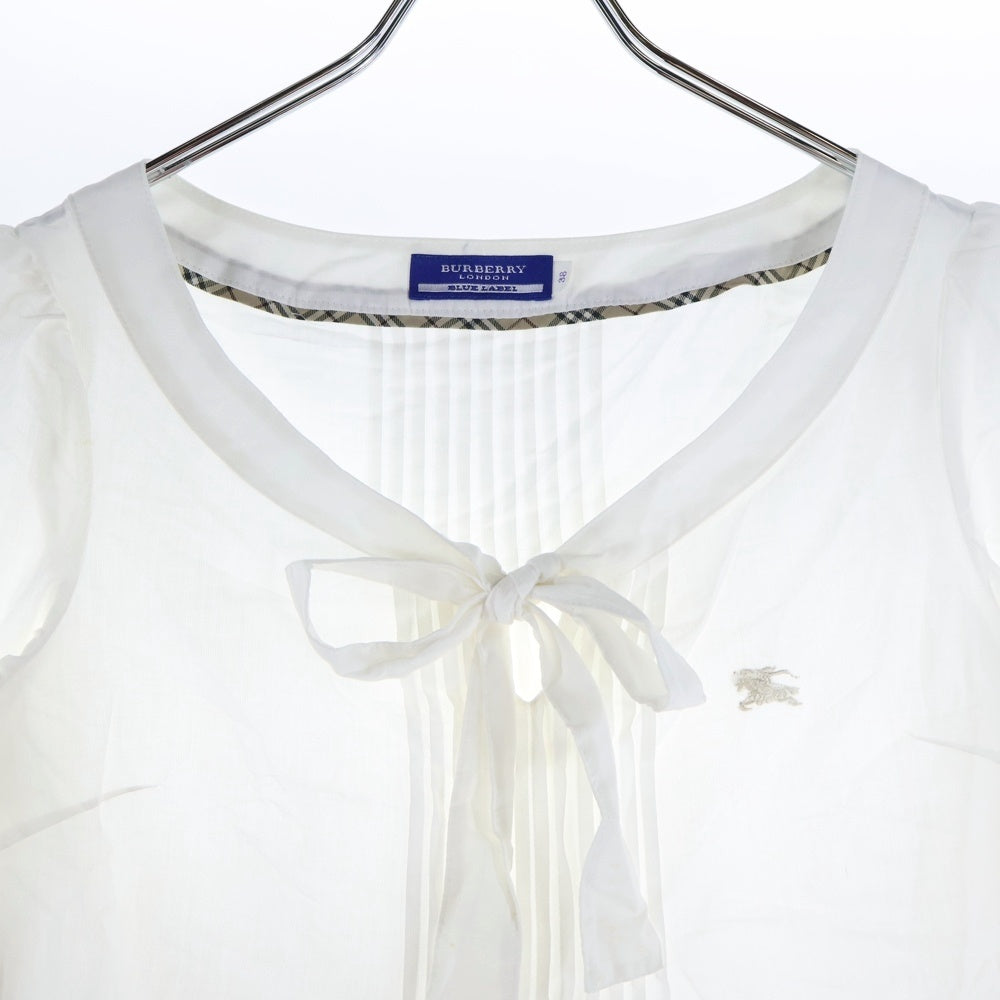 BURBERRY BLUE LABEL(バーバリーブルーレーベル) ロゴ刺繍 バーバリーチェック タック入リボンブラウス シャツ ホワイト レディース