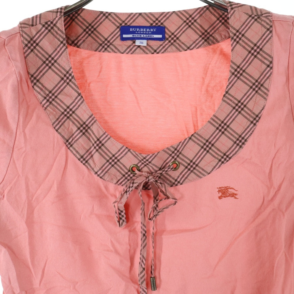 BURBERRY BLUE LABEL(バーバリーブルーレーベル) ロゴ刺? バーバリーチェック リボンデザイン7分丈カットソー Tシャツ ピンク レディース
