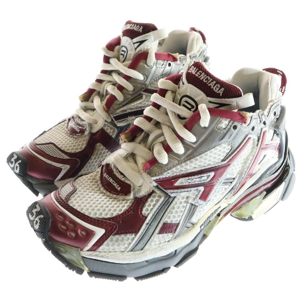 BALENCIAGA(バレンシアガ) Runner Sneakers ランナー ダメージ加工 メッシュ レザー ローカットシューズ スニーカー ホワイト/ボルドー レディース 677402
