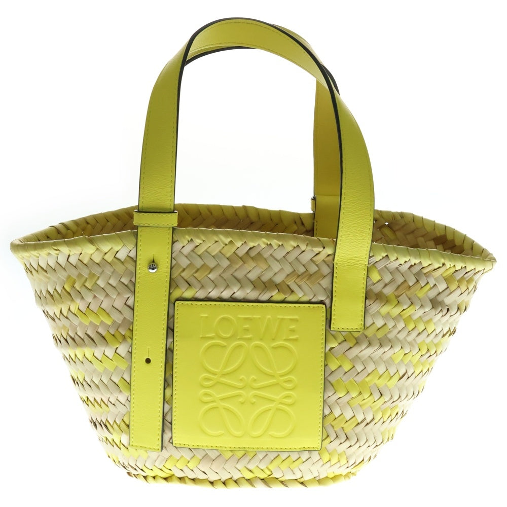 LOEWE(ロエベ) バスケットバッグ アナグラムロゴパッチ ラフィア ストロー レザー カゴ ハンド トートバッグ イエロー