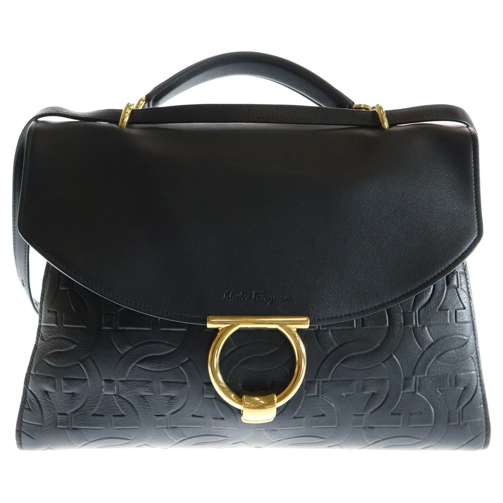 FERRAGAMO(フェラガモ) ガンチーニ 2wayハンドバッグ ショルダーバッ ブラック ゴールド金具 レザー