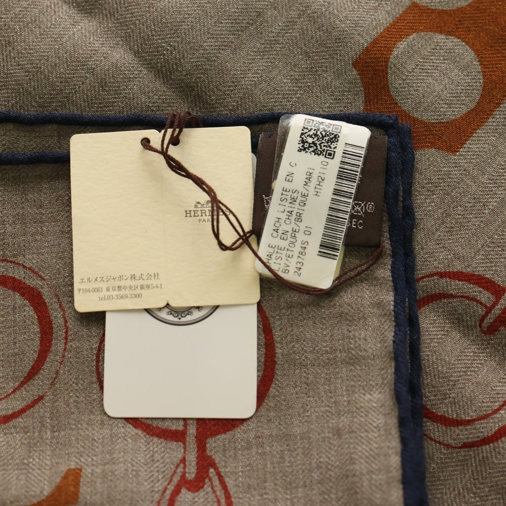 HERMES(エルメス) カレ140 LISTE EN CHAINES リスト アン シェーヌ スカーフ グレージュ カシミヤ×シルク