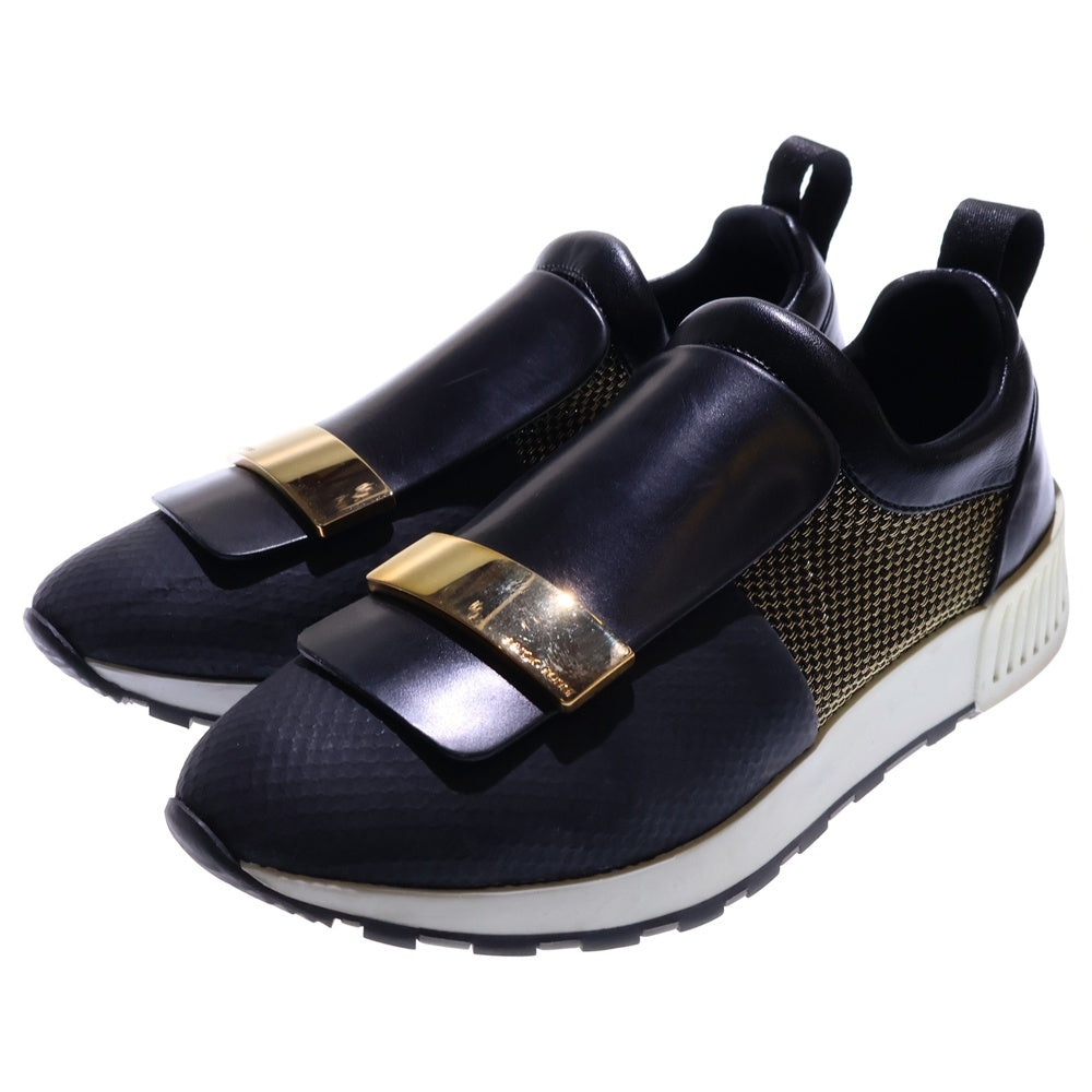 Sergio Rossi(セルジオロッシ) ロゴプレート レザー メッシュ ローカットシューズ スニーカー ブラック/ゴールド レディース