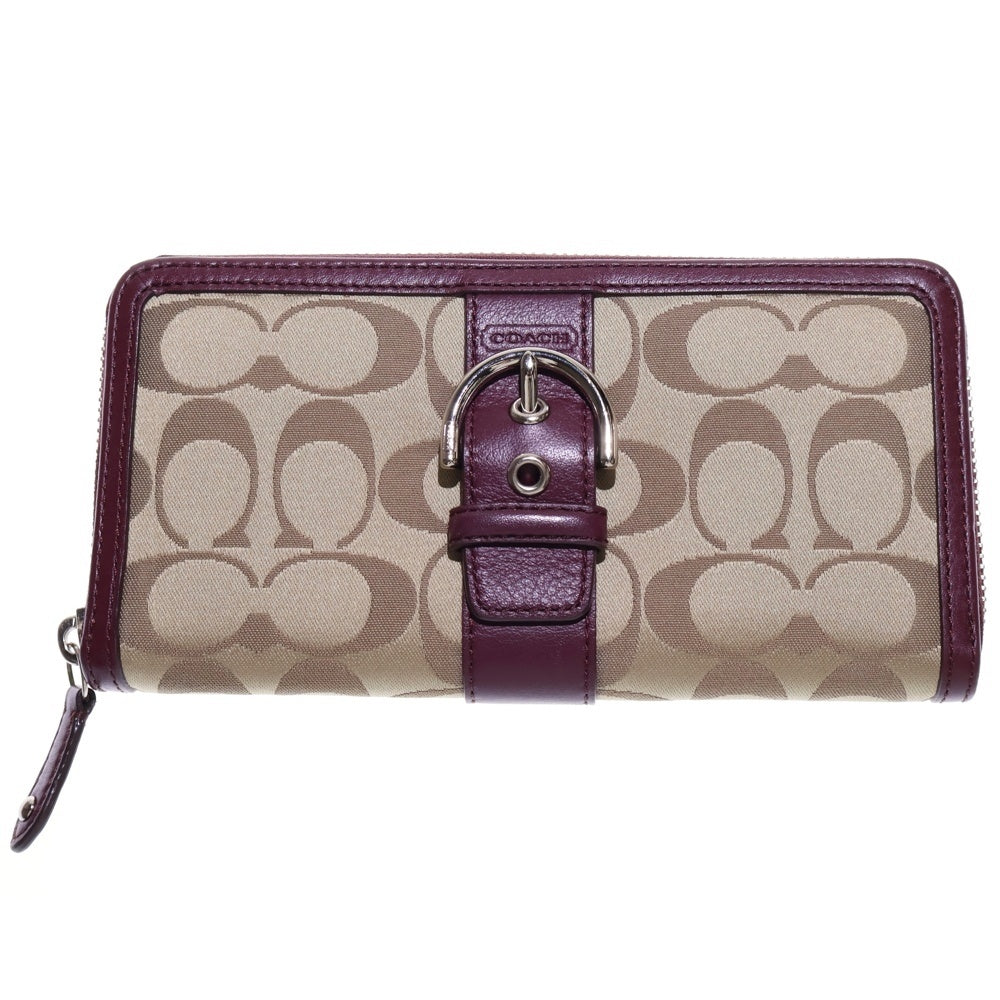 COACH(コーチ) シグネチャー ラウンドファスナー 長財布 ロングウォレット カードケース ワインレッド×ベージュ シルバー金具 キャンバス×レザー レディース