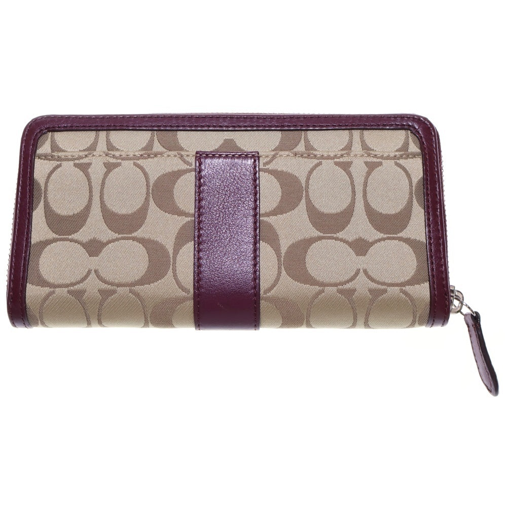 COACH(コーチ) シグネチャー ラウンドファスナー 長財布 ロングウォレット カードケース ワインレッド×ベージュ シルバー金具 キャンバス×レザー レディース