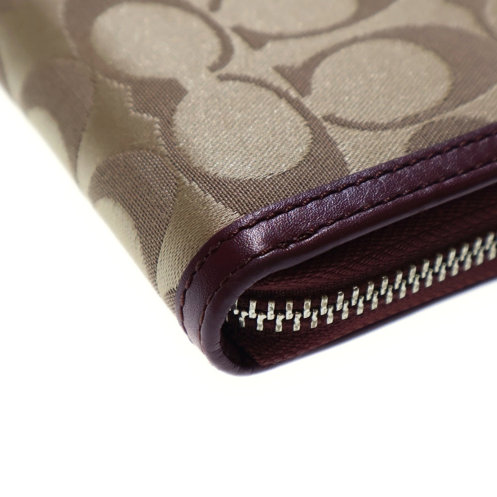 COACH(コーチ) シグネチャー ラウンドファスナー 長財布 ロングウォレット カードケース ワインレッド×ベージュ シルバー金具 キャンバス×レザー レディース
