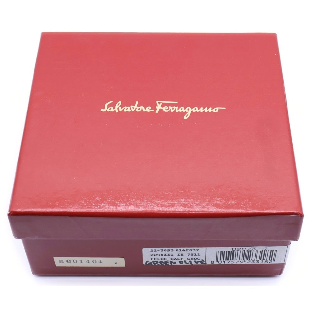 Salvatore Ferragamo(サルヴァトーレ フェラガモ) 型押しクロコ 二つ折り財布 コンパクトウォレット コインケース イエローグリーン レザー